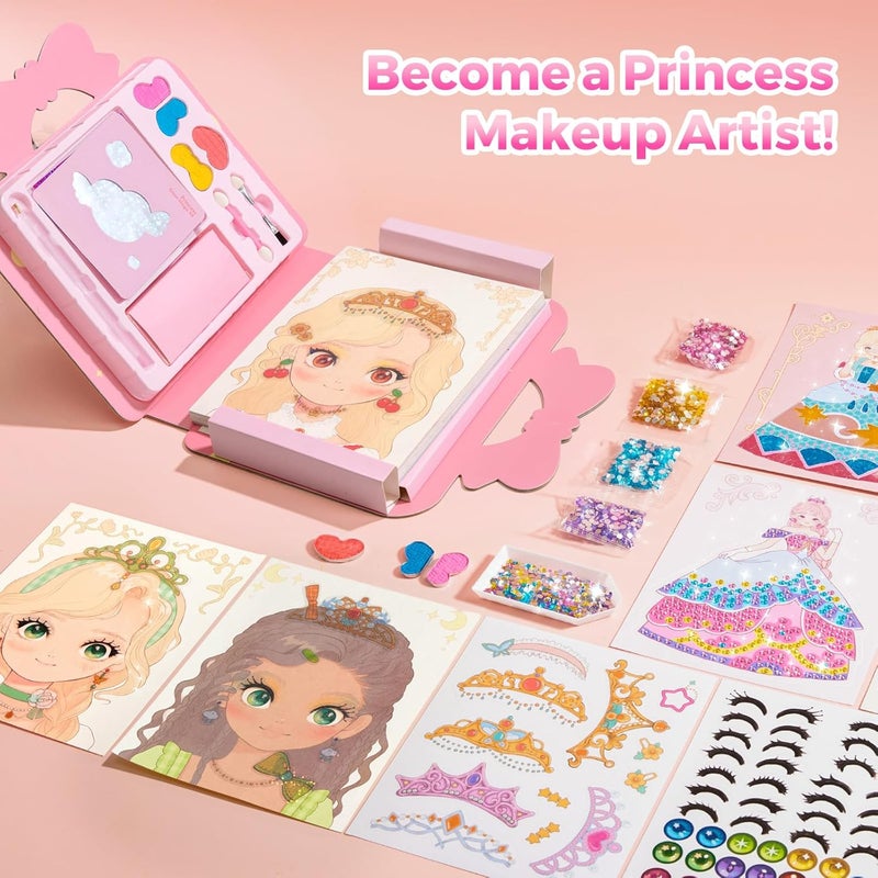 JARMELO 4 in 1 Princess Art Craft Kits, Foil Crafts Art Fun & Gem Painting, Makeup Diamond DIY Activity, Dress Up Sticker Books,Travel Toys, Ideal Toys for Girls Ages 6 7 8+ Years Old - Image 3